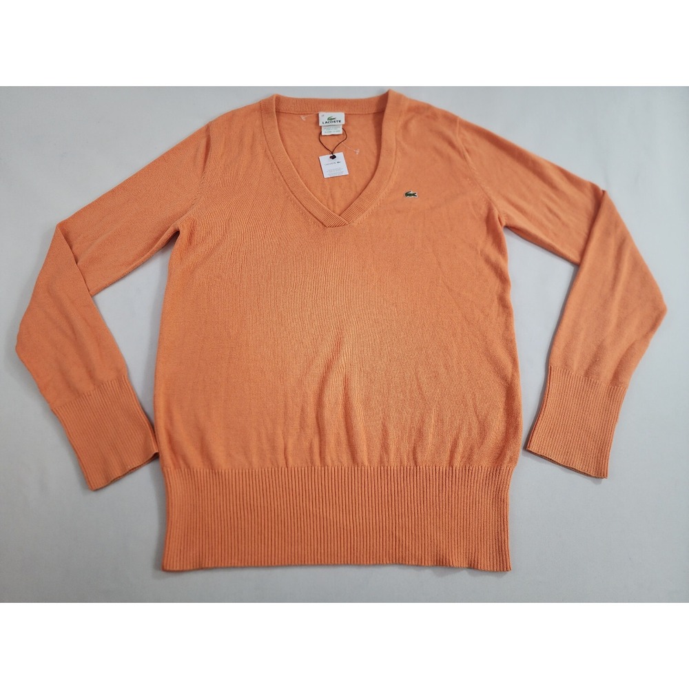 Lacoste Mens Orange Cotton V-Neck Pullover Sweater Size 44 Devanlay NEW